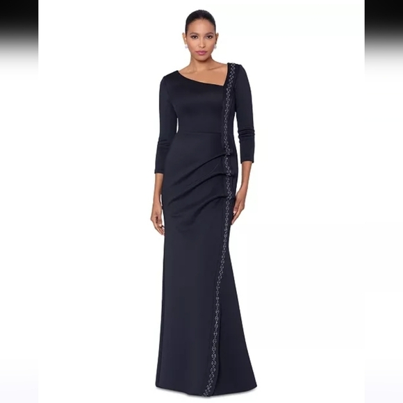 NWT Xscape Women's Ruched Off-The-Shoulder Gown in Gunmetal Black - Picture 1 of 14